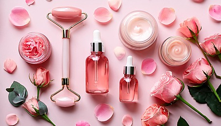 Serum, cây lăn mặt và hoa hồng (ảnh minh họa)